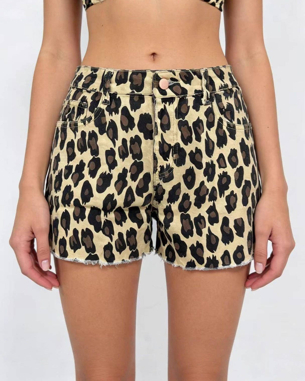 Leopard Print High Waist Raw Hem Shorts