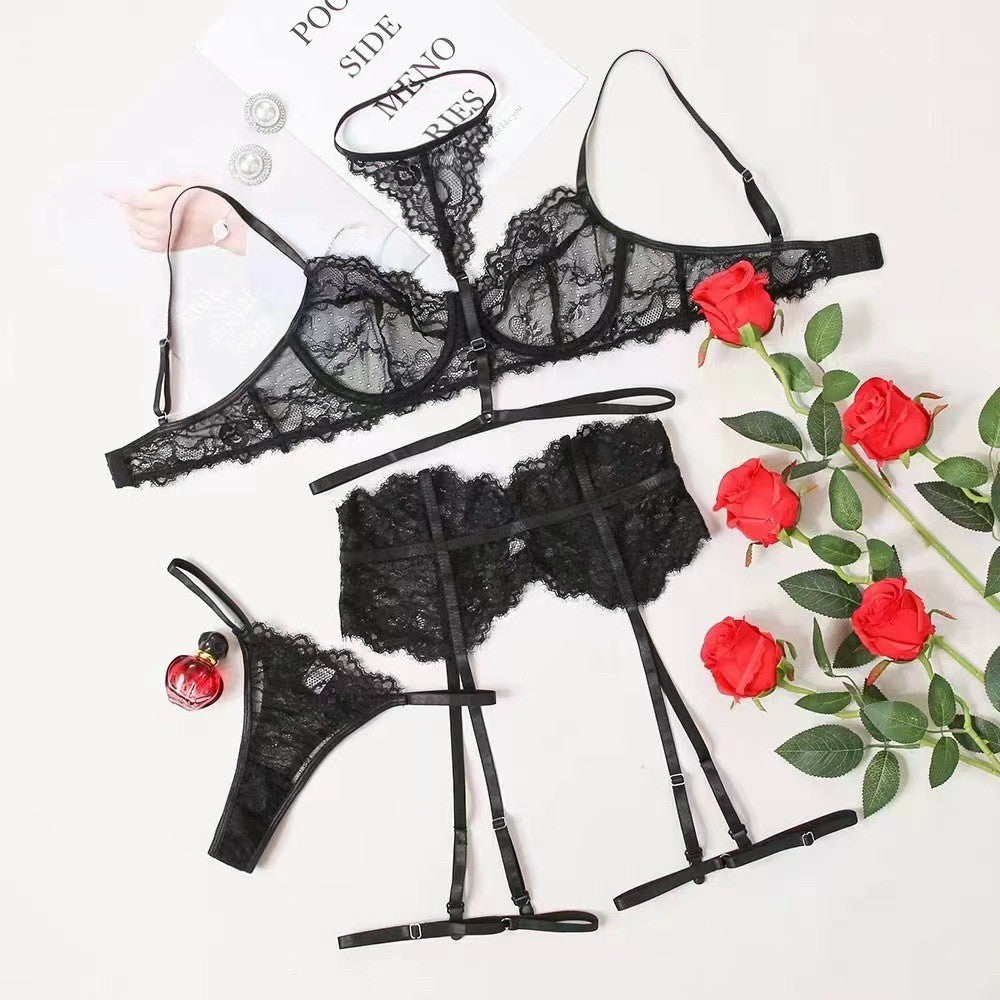 Eyelash Lace Halter Underwire Garter Lingerie Set - Black