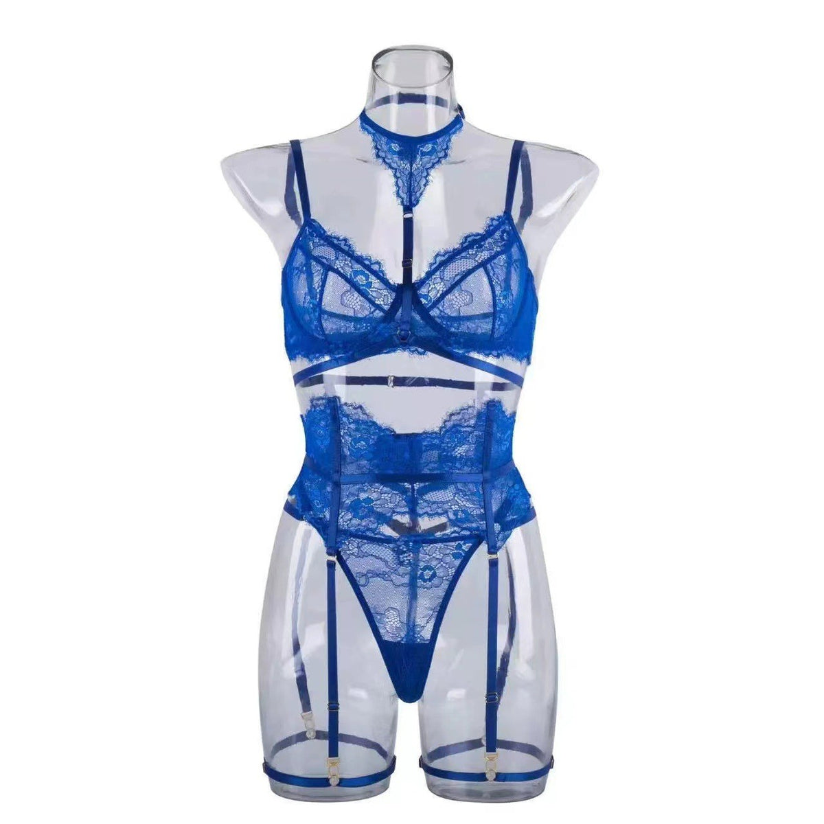 Eyelash Lace Halter Underwire Garter Lingerie Set - Royal Blue