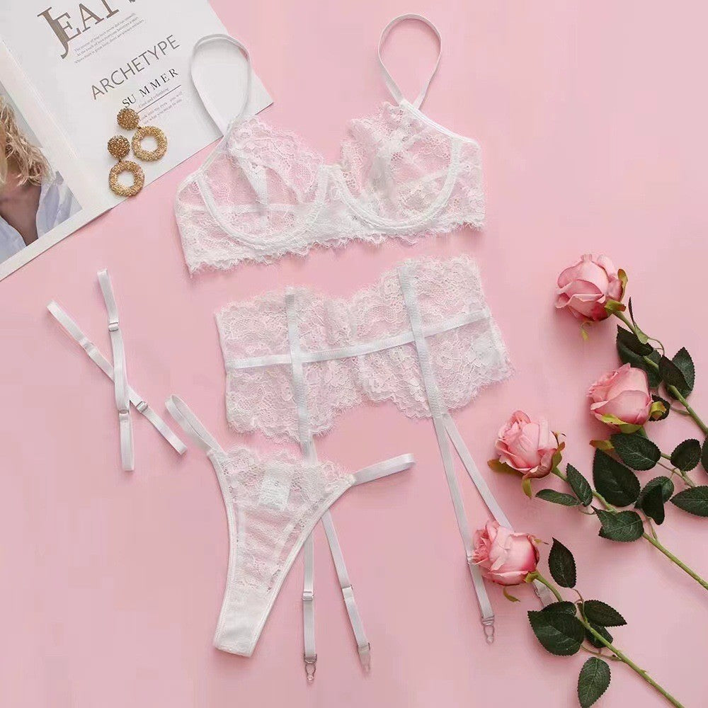 Eyelash Lace Halter Underwire Garter Lingerie Set - White