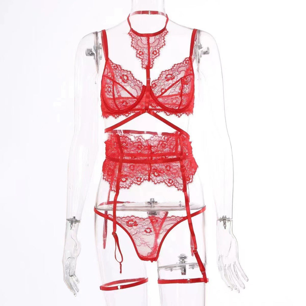 Eyelash Lace Halter Underwire Garter Lingerie Set