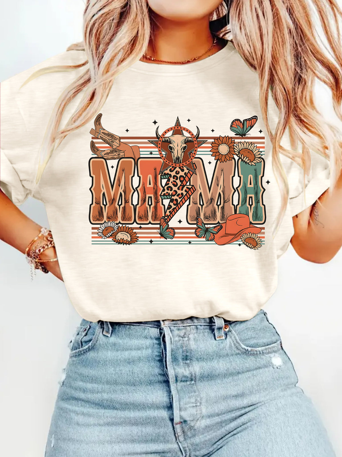 Leopard Mama Cowgirl Graphic Crewneck Tee - Apricot