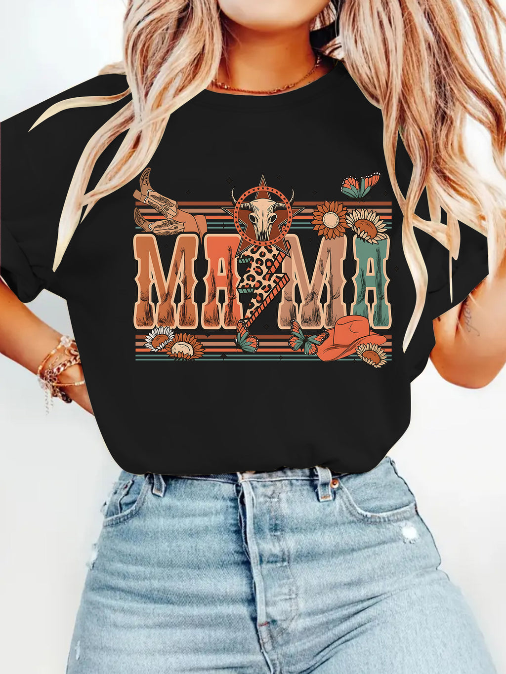 Leopard Mama Cowgirl Graphic Crewneck Tee - Black