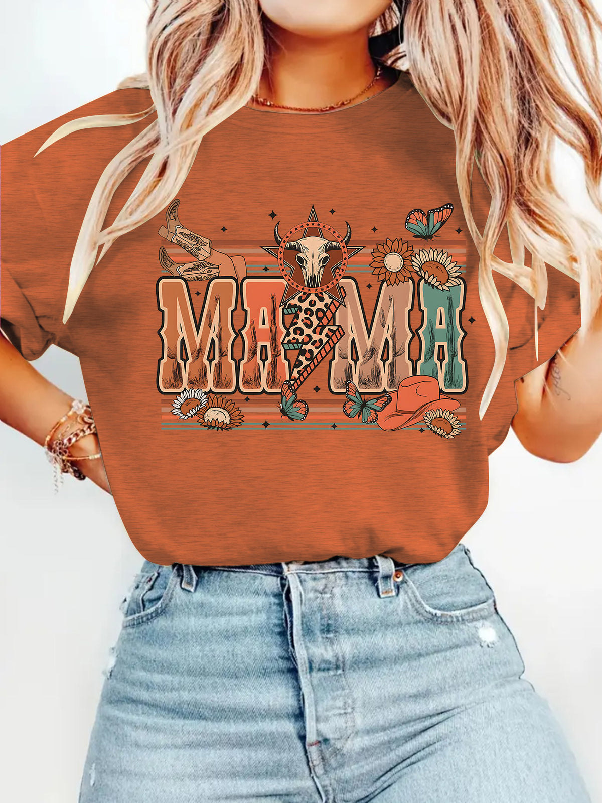 Leopard Mama Cowgirl Graphic Crewneck Tee - Brown