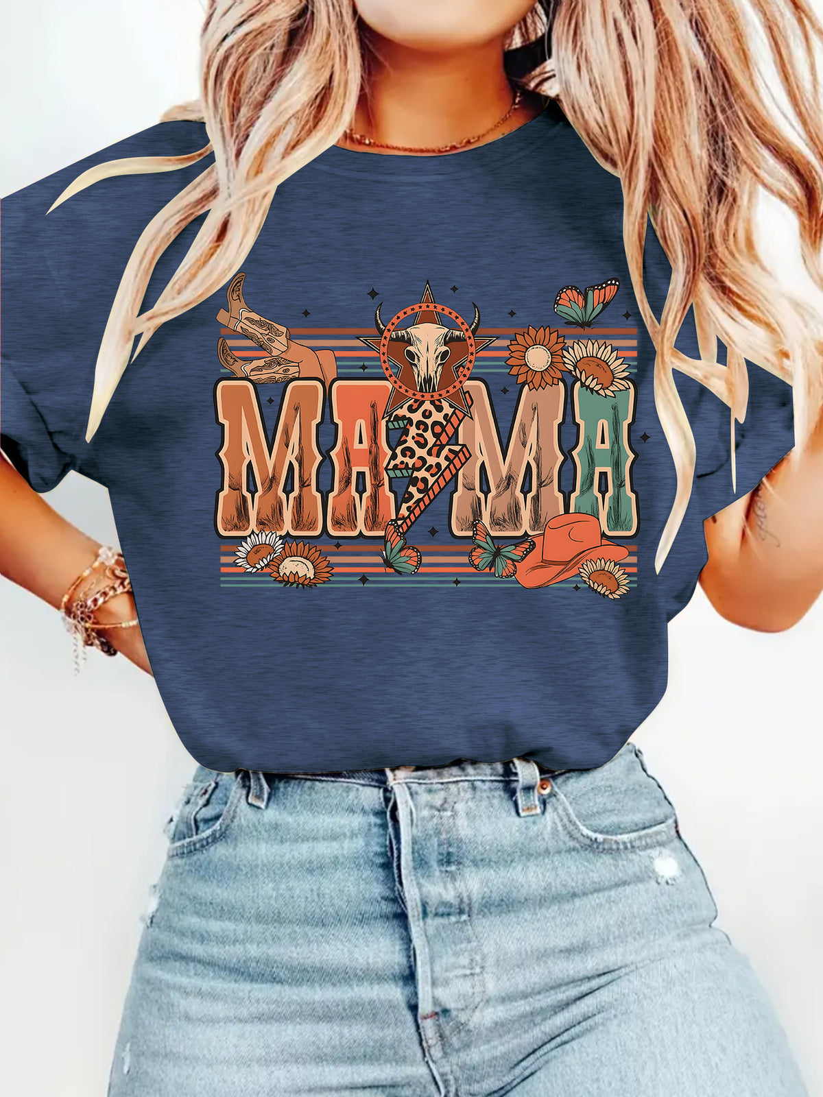 Leopard Mama Cowgirl Graphic Crewneck Tee - DarkBlue