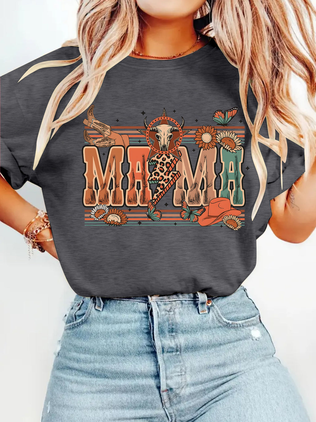 Leopard Mama Cowgirl Graphic Crewneck Tee - DarkGrey