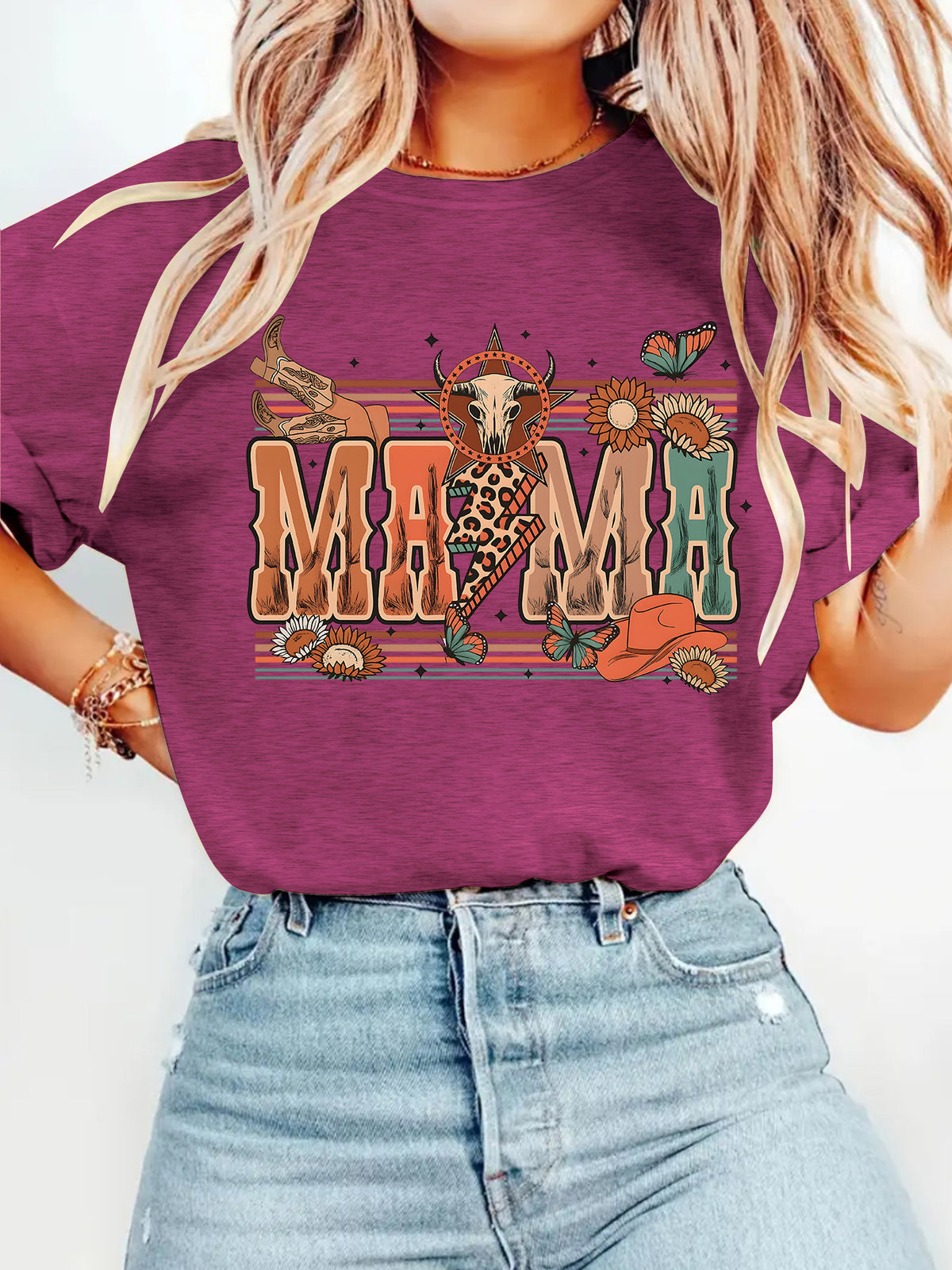 Leopard Mama Cowgirl Graphic Crewneck Tee - Purple