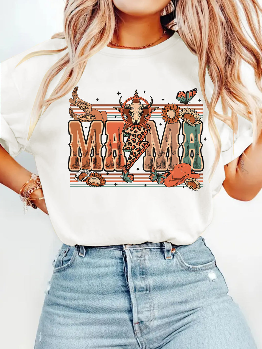 Leopard Mama Cowgirl Graphic Crewneck Tee - White