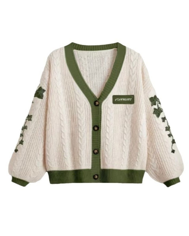 Cable Knit Contrast Trim Embroidered Cardigan - Green