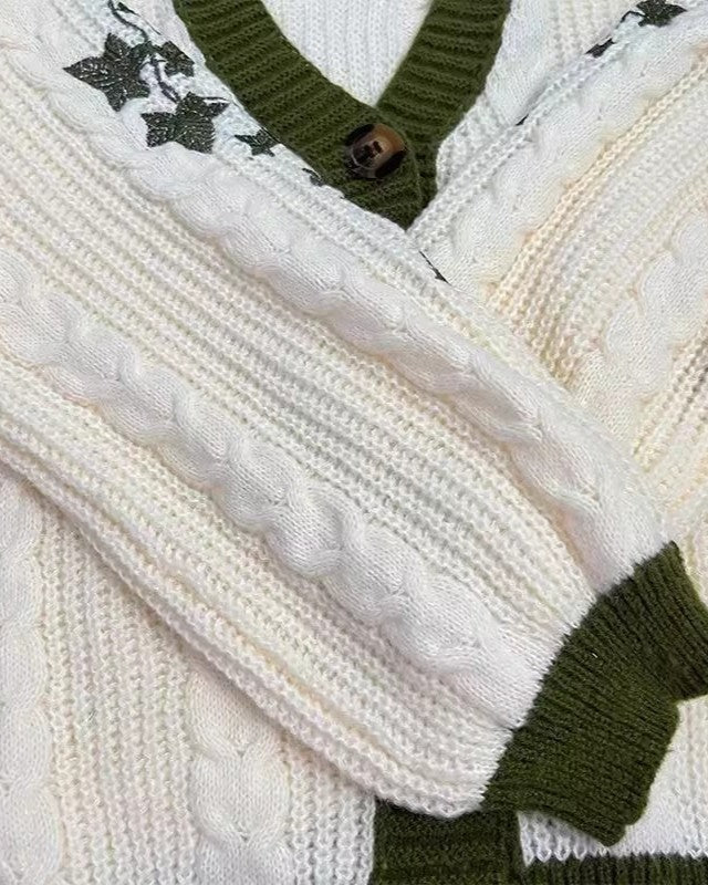 Cable Knit Contrast Trim Embroidered Cardigan - Green - 1