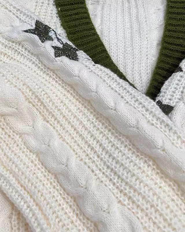 Cable Knit Contrast Trim Embroidered Cardigan - Green - 2