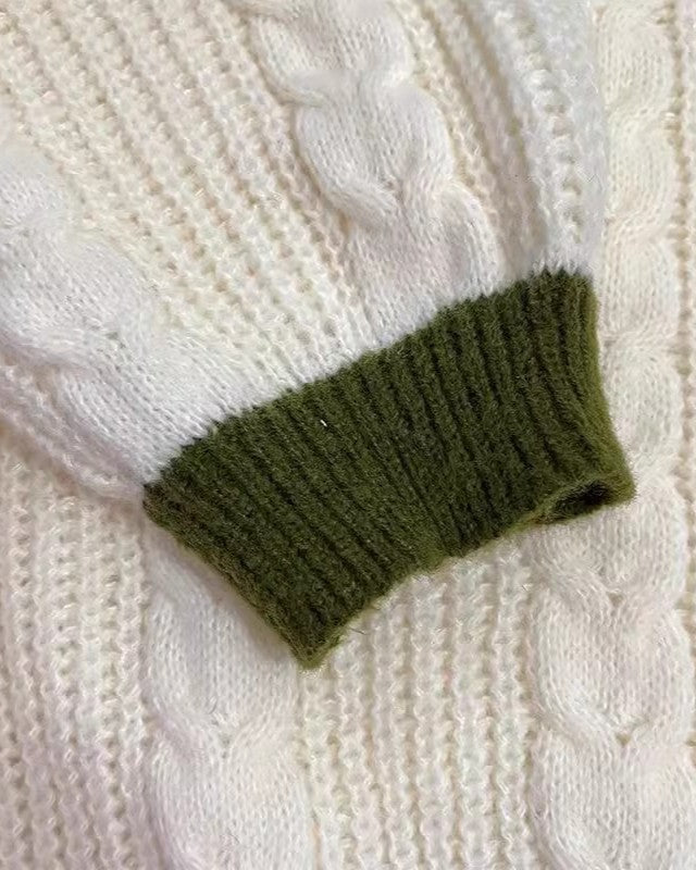 Cable Knit Contrast Trim Embroidered Cardigan - Green - 3