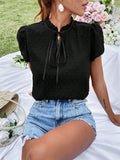 Swiss Dot Tie Neck Puff Sleeve Blouse - Black
