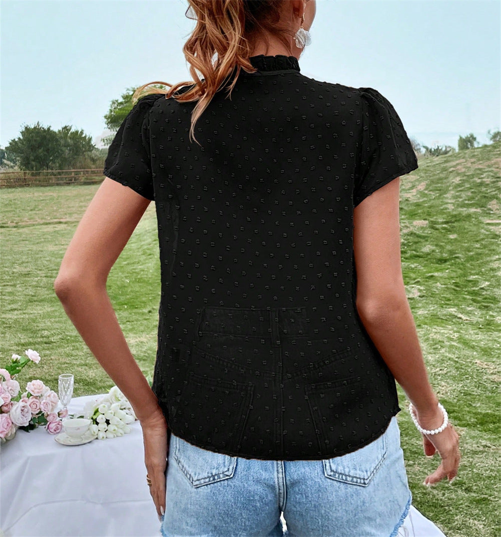 Swiss Dot Tie Neck Puff Sleeve Blouse - Black - 2
