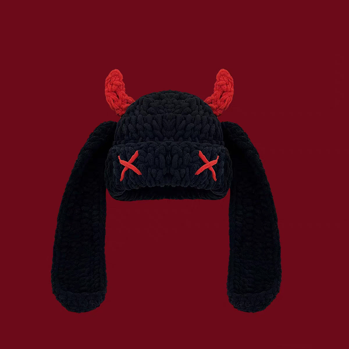 Crochet Devil Horn Long Ear Beanie - Black