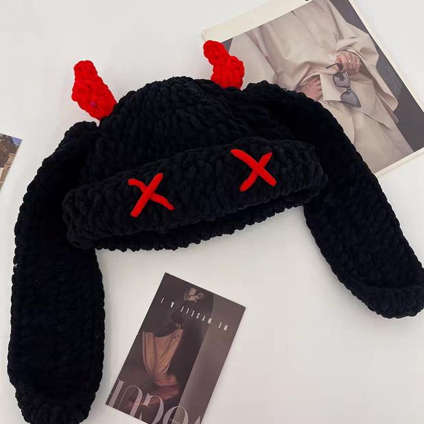 Crochet Devil Horn Long Ear Beanie - Black - 1