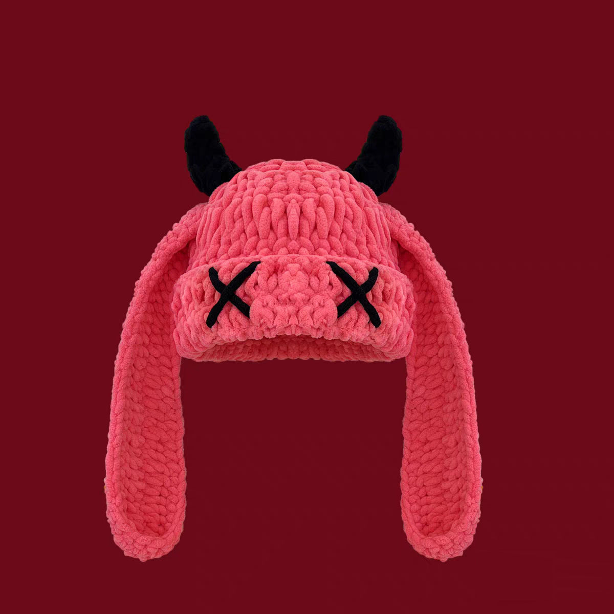 Crochet Devil Horn Long Ear Beanie - DarkPink