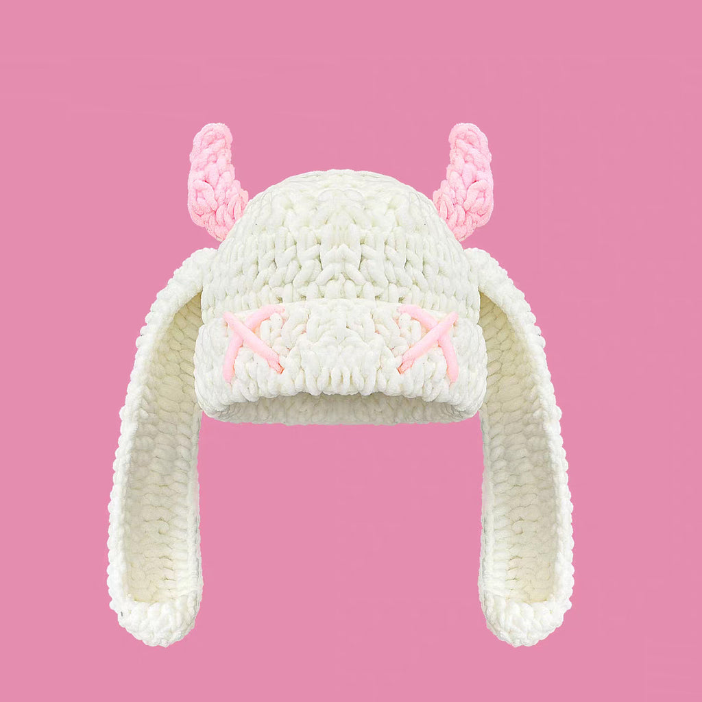 Crochet Devil Horn Long Ear Beanie - Offwhite