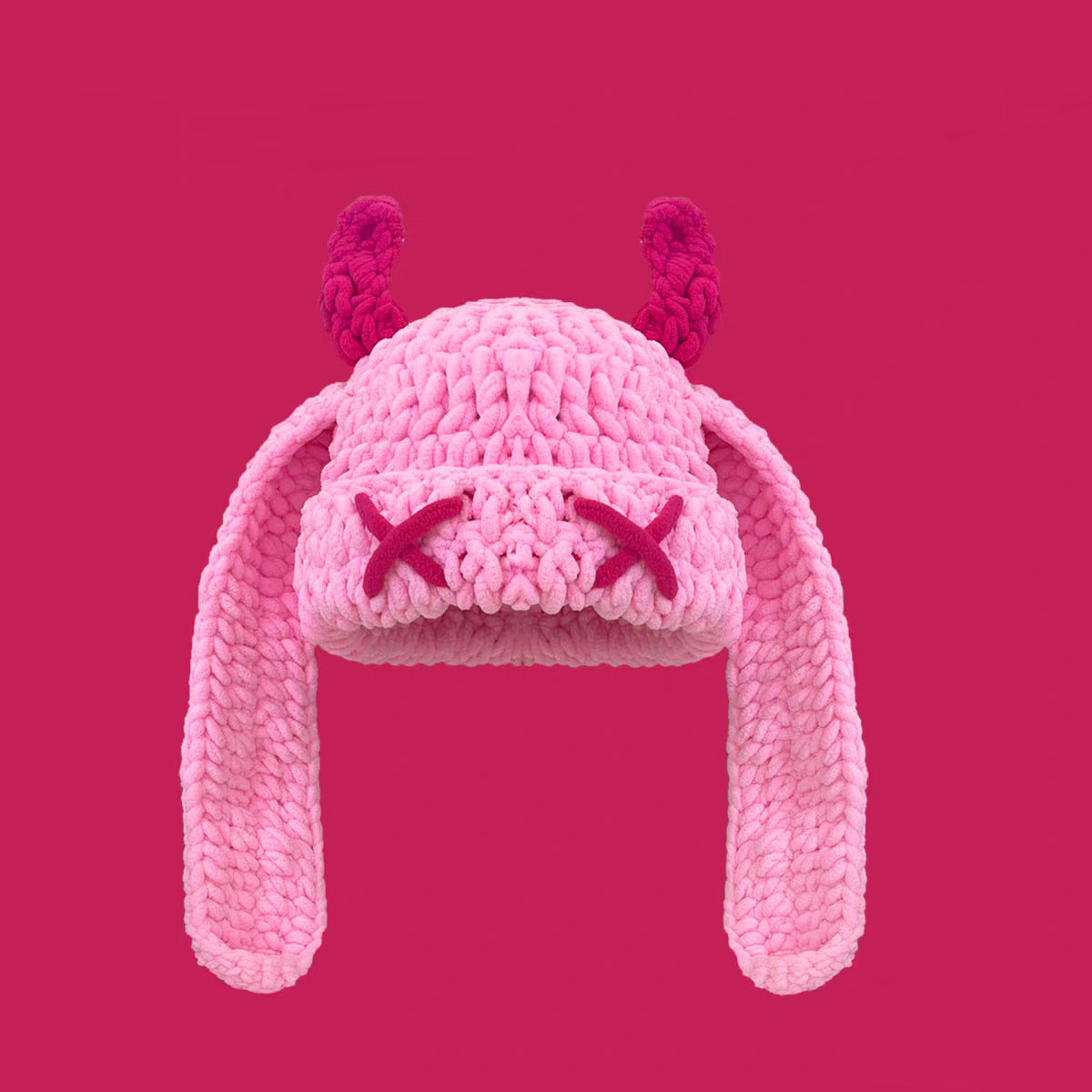 Crochet Devil Horn Long Ear Beanie - Peach
