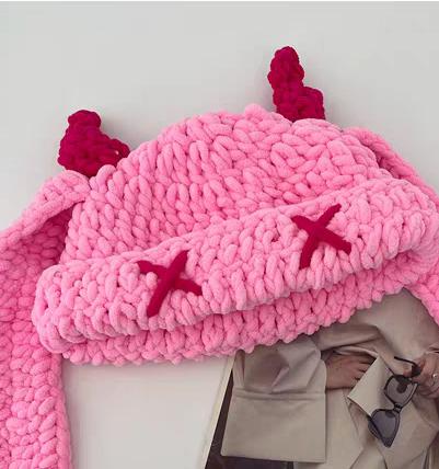 Crochet Devil Horn Long Ear Beanie - Peach - 1