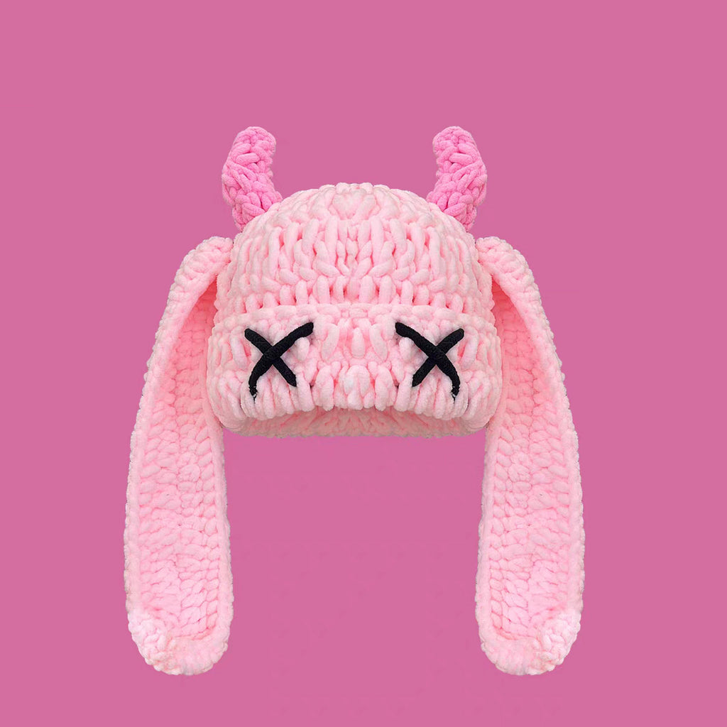 Crochet Devil Horn Long Ear Beanie - Pink