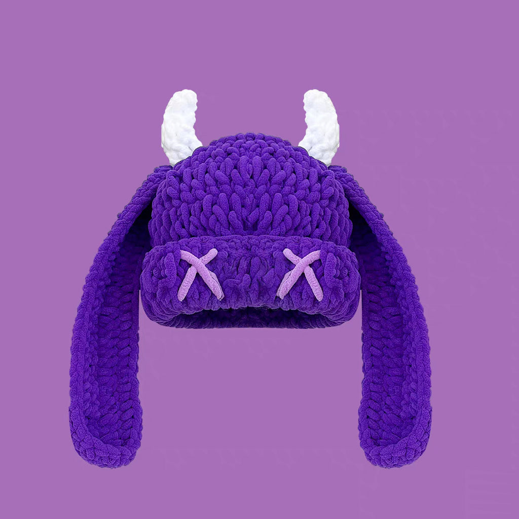 Crochet Devil Horn Long Ear Beanie - Purple