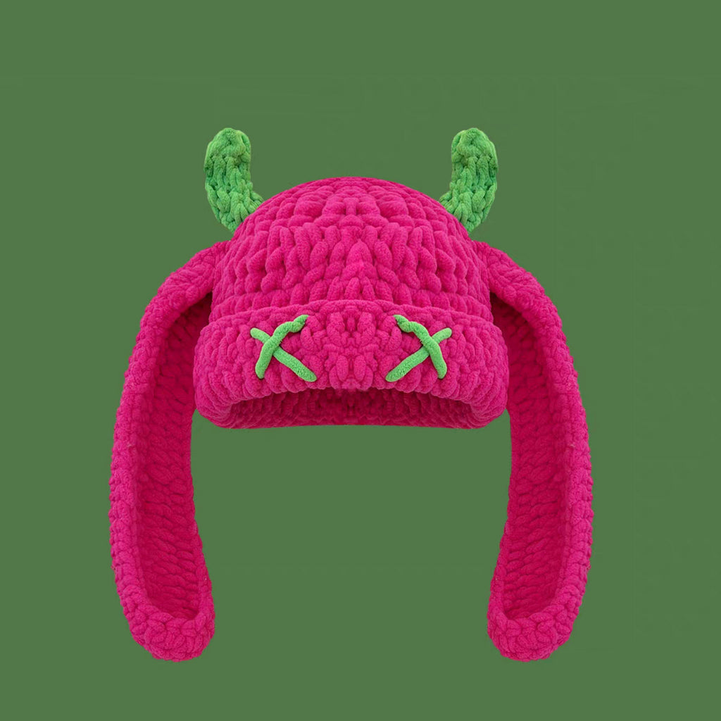 Crochet Devil Horn Long Ear Beanie - Rose_red