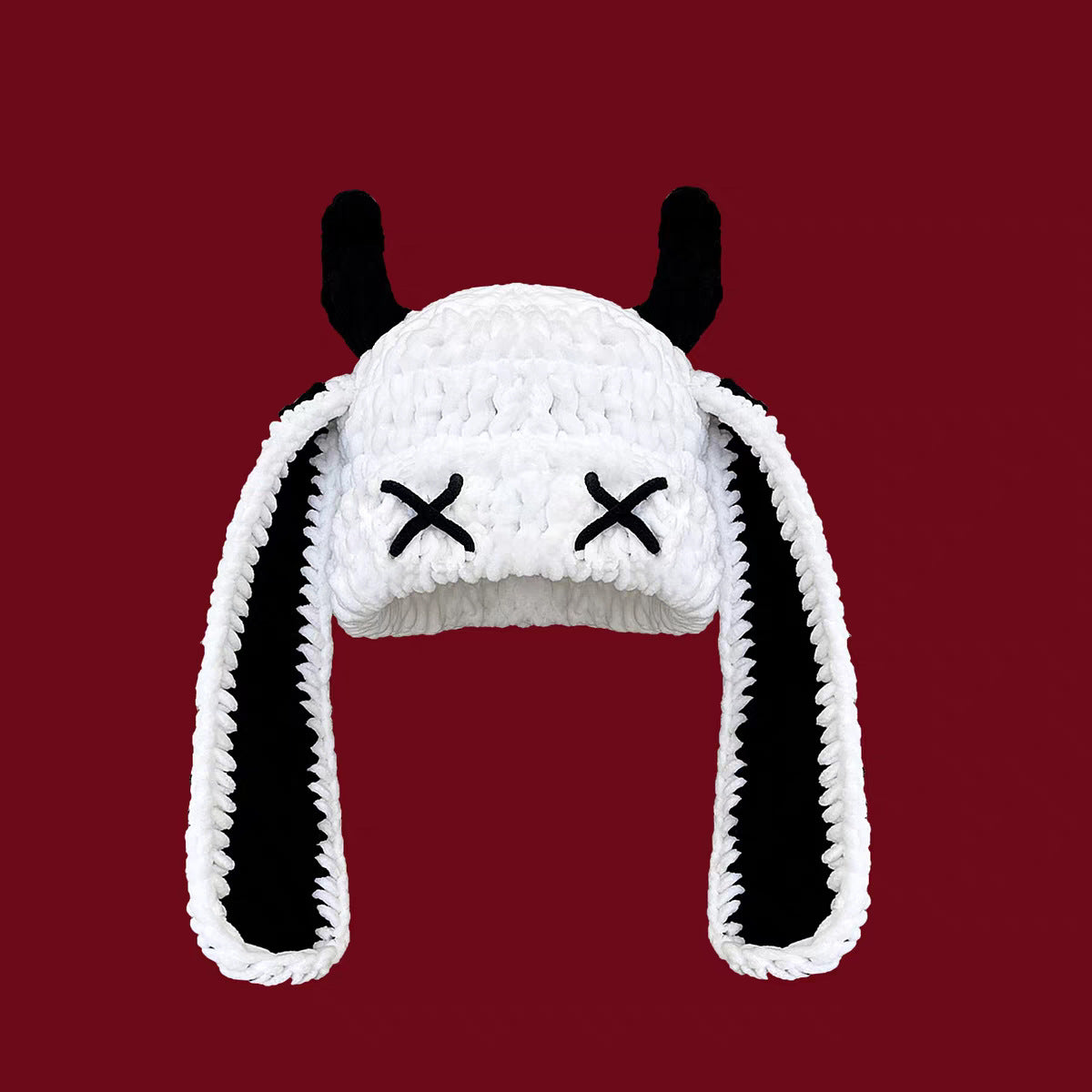 Crochet Devil Horn Long Ear Beanie - White