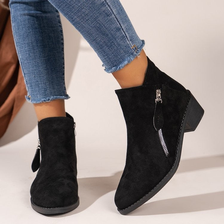 Faux Suede Pointed Toe Zip Ankle Booties - Black