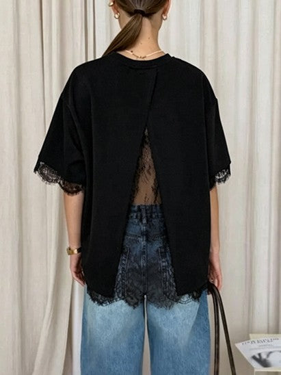 Lace Trim Split Back Oversized T-Shirt - Black