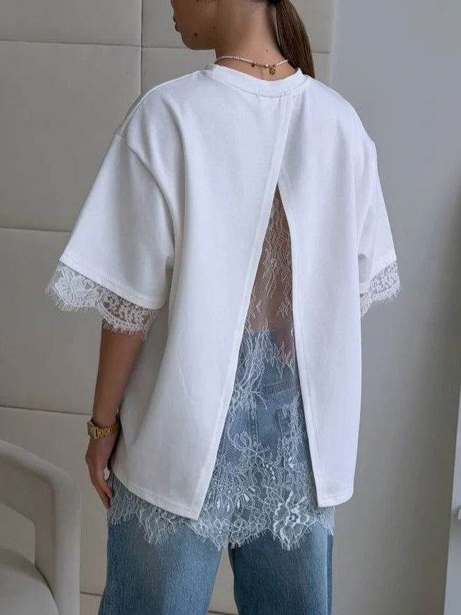 Lace Trim Split Back Oversized T-Shirt - White