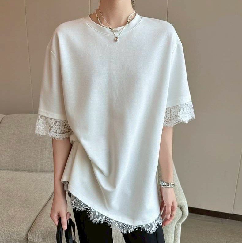 Lace Trim Split Back Oversized T-Shirt
