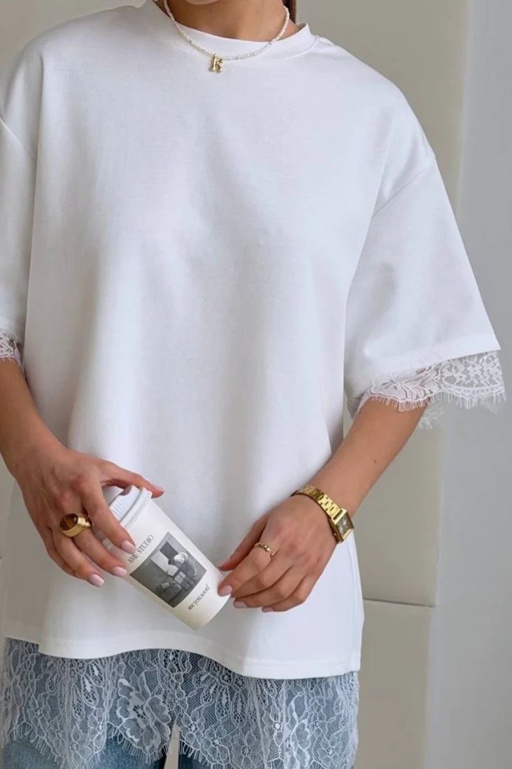 Lace Trim Split Back Oversized T-Shirt - view 1