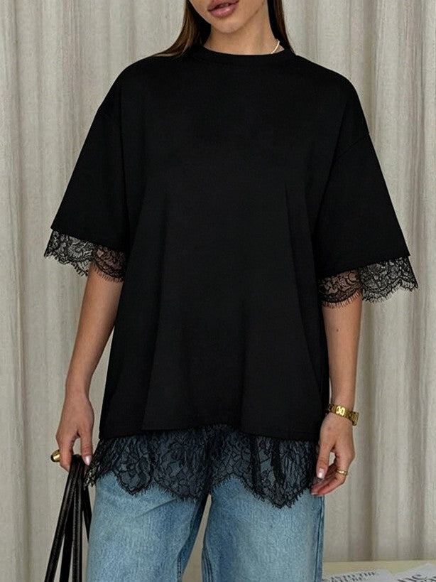 Lace Trim Split Back Oversized T-Shirt - view 2