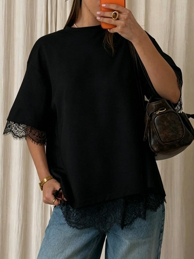 Lace Trim Split Back Oversized T-Shirt - view 3