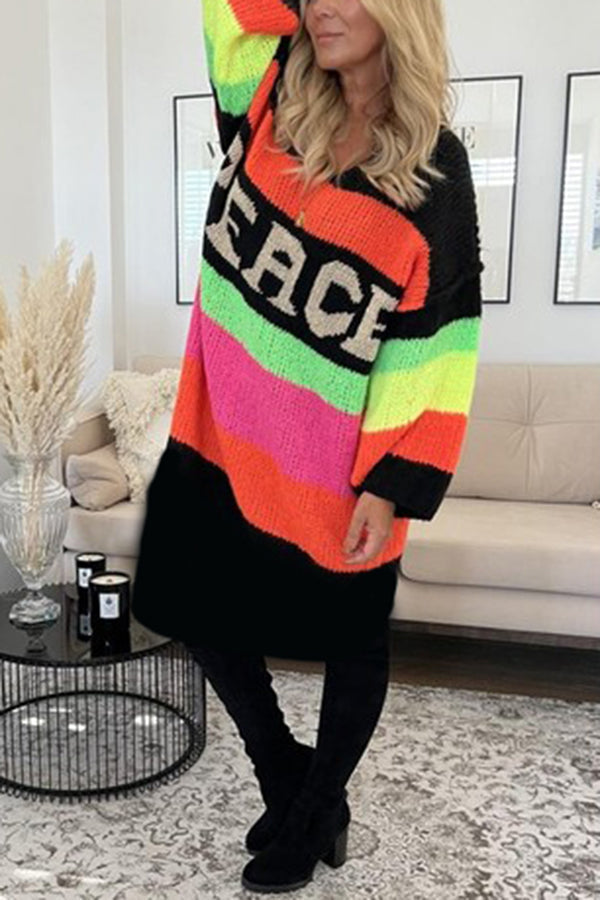Slouchy Colorblock Stripe Knit Sweater Dress - Black