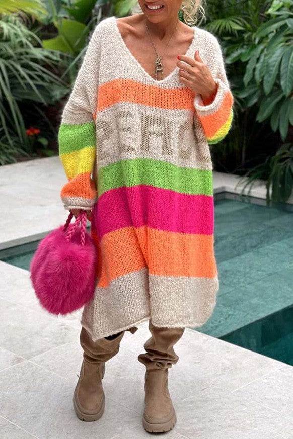 Slouchy Colorblock Stripe Knit Sweater Dress - sand