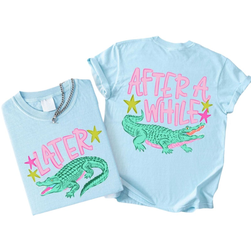 Alligator Graphic Front And Back Cotton Tee - Chambray