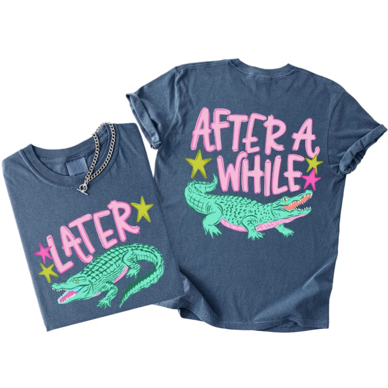 Alligator Graphic Front And Back Cotton Tee - Denim