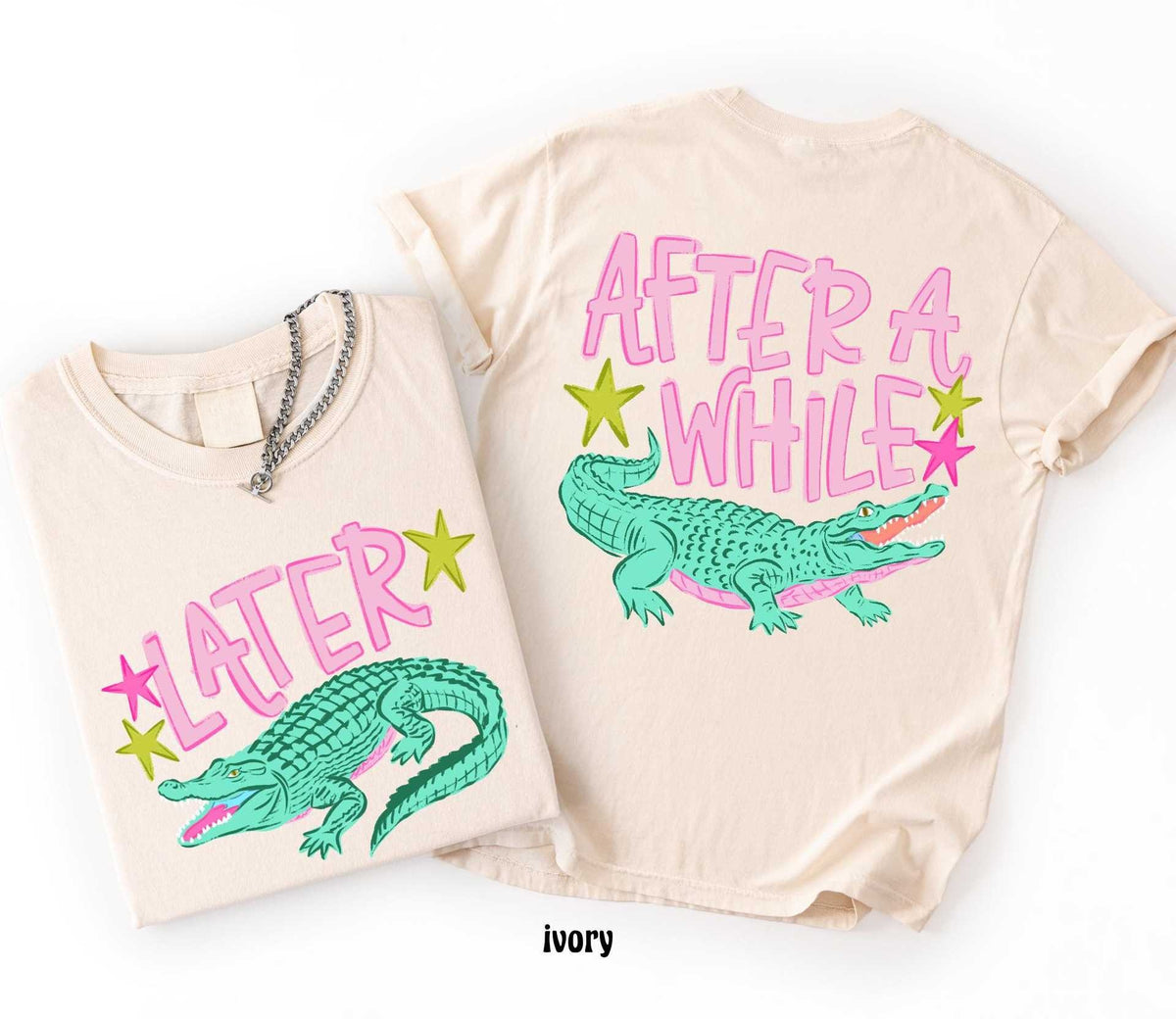 Alligator Graphic Front And Back Cotton Tee - Ivory