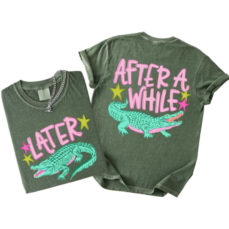 Alligator Graphic Front And Back Cotton Tee - Moss