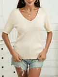 Fine Knit V Neck Short Sleeve Tee - Apricot