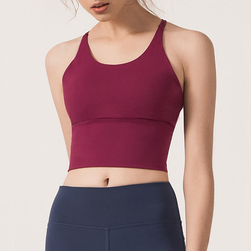 Strappy Cross Back Longline Yoga Sports Bra - Berry