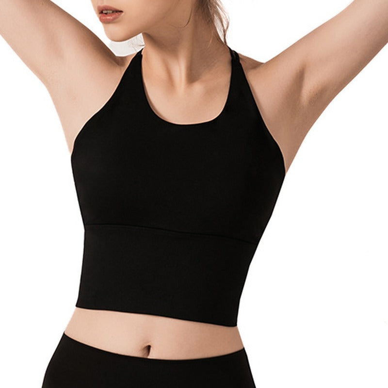 Strappy Cross Back Longline Yoga Sports Bra - Black