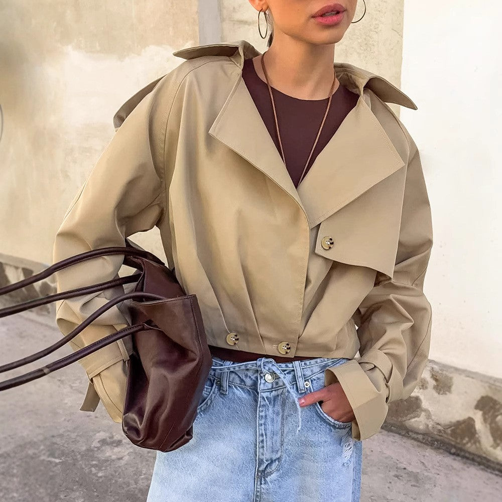 Khaki Storm Flap Oversized Cropped Trench Jacket - Khaki