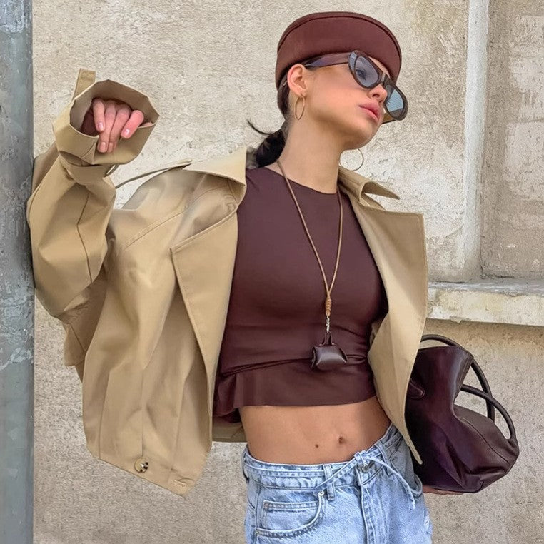 Khaki Storm Flap Oversized Cropped Trench Jacket