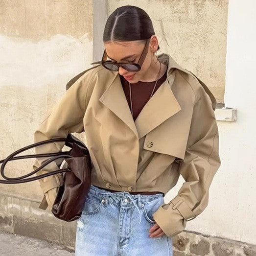 Khaki Storm Flap Oversized Cropped Trench Jacket