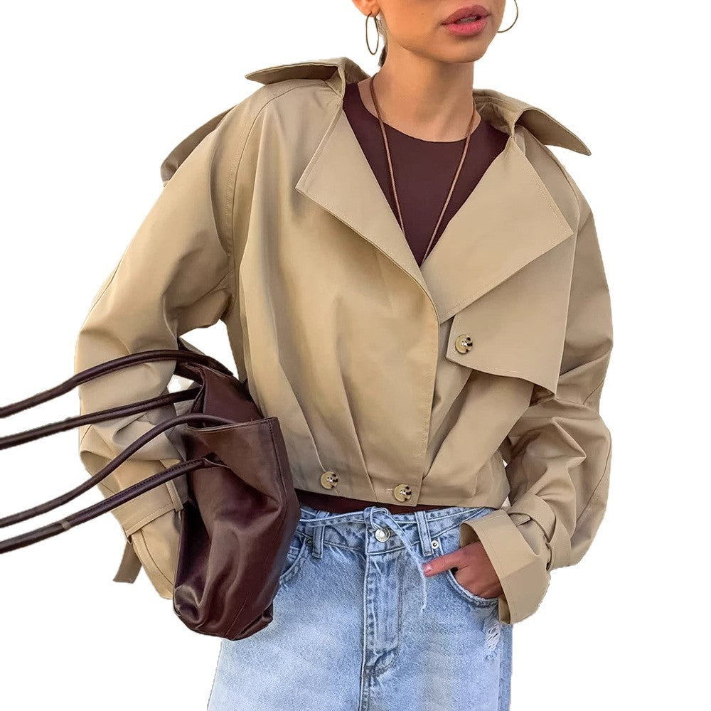 Khaki Storm Flap Oversized Cropped Trench Jacket