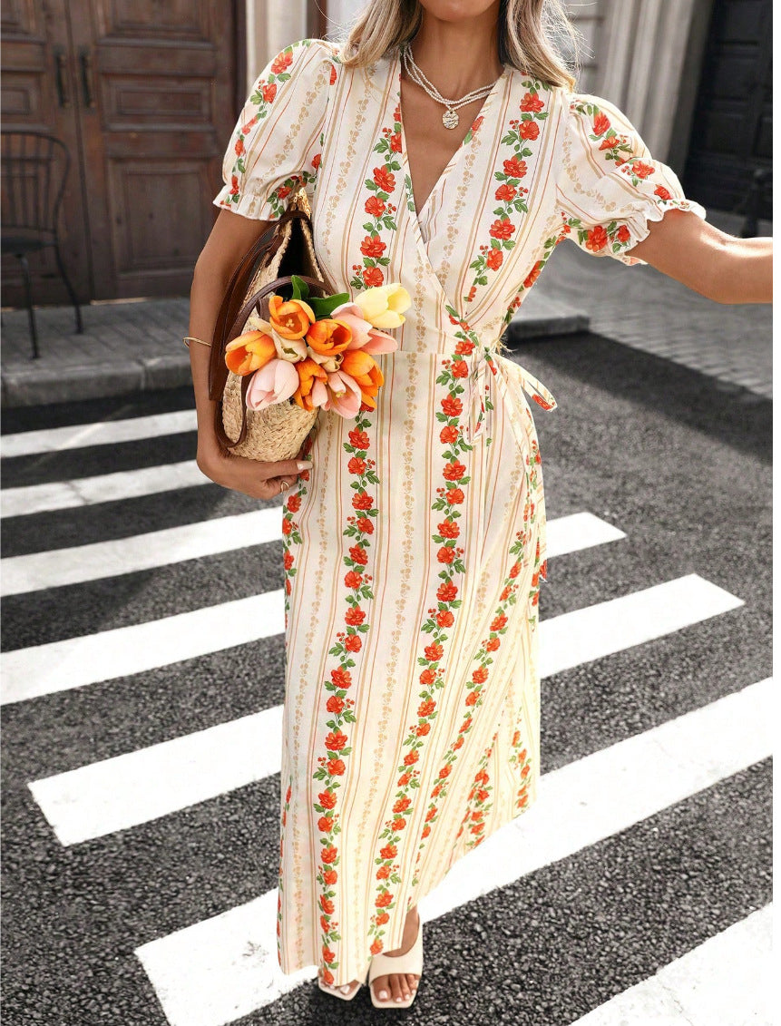 Puff Sleeve Floral Wrap Maxi Dress - Beige