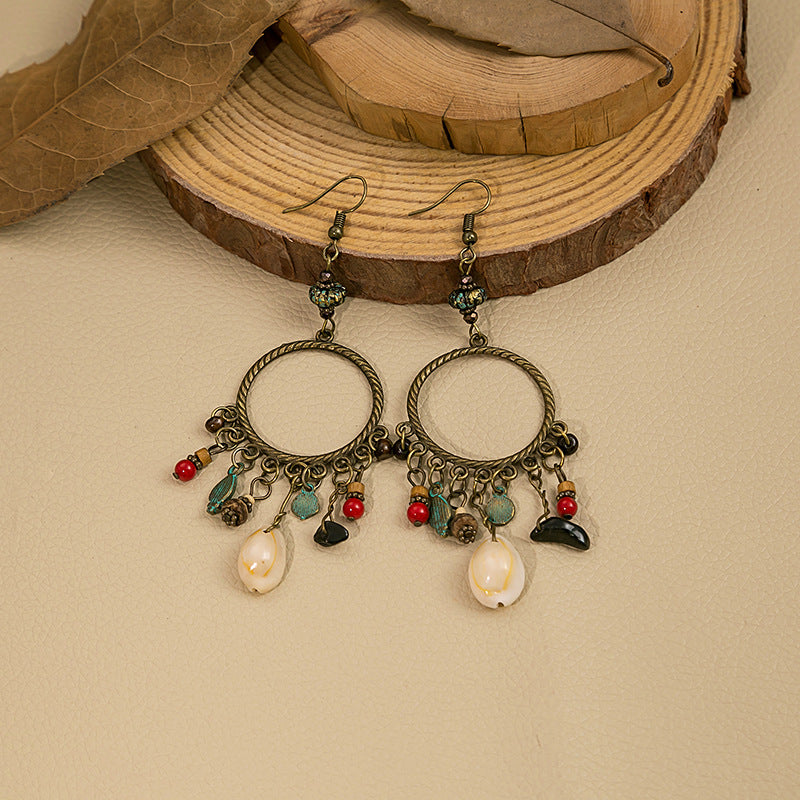 Boho Beaded Hoop Chandelier Earrings - Brown